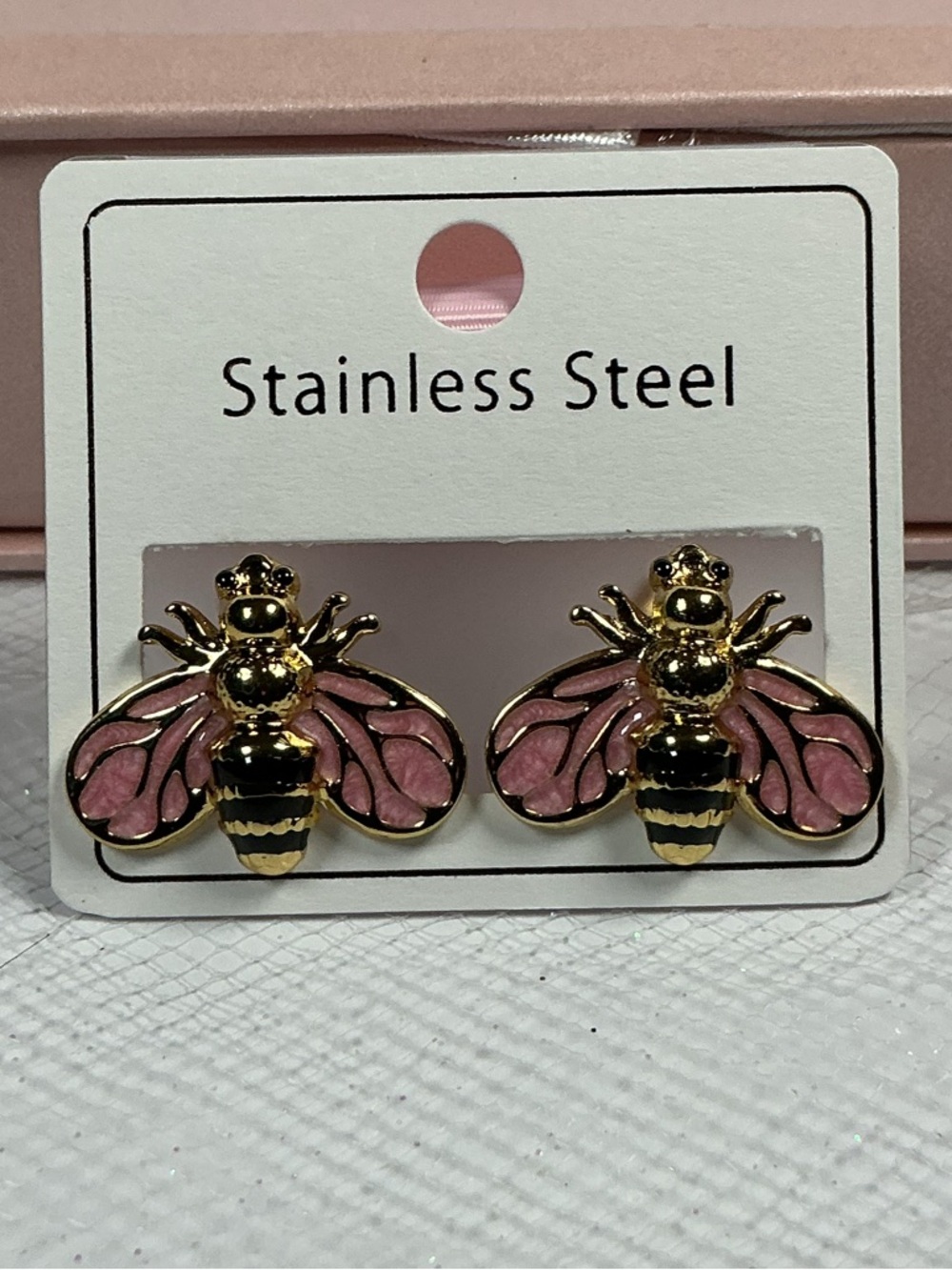 Pink & Black Bee Earrings Hand Painted Enamel Hypoallergenic Post Drop Goldtone - Picture 12 of 16